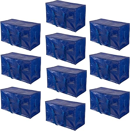 10-Pack Moving Bags - Extra Large Storage Bags with Dual Zippers, Durable Handles, and 65lb Weight Capacity - Moving Supplies by Home-Complete (Blue)