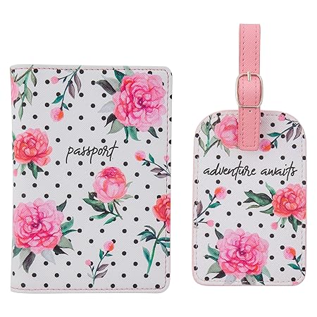 Karma Gifts Passport Holder & Luggage Tag Set, Pink Peony