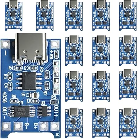 18650 Lithium Battery Charger Module Charging BMS Board Kits with Dual Protection Function TP4056 Type-C Input Interface USB 5V 1A(Pack of 15)