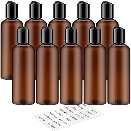 TUZAZO 10 Pack 3.4 oz Amber Plastic Travel Bottles for Toiletries TSA Approved Leakproof Travel Size Containers Empty Small Plastic Shampoo Lotion Bottles with Labels