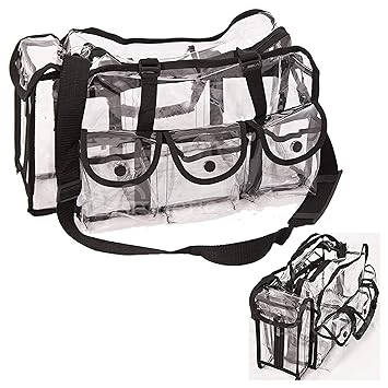 Clear Tote Travel Bag with 6 External Pockets and Shoulder Strap for Makeup Artist, Large