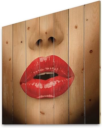 DesignQ Sexy Lips Beautiful Make-Up Close-Up Kiss Modern & Contemporary Wood Wall Decor, Red Wood Wall Art, Large People Wood Wall Panels Printed On Natural Pine Wood Art