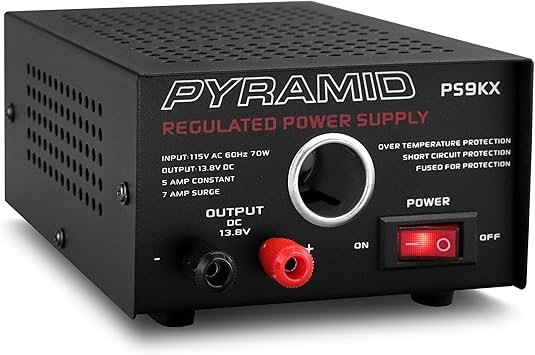 Pyramid PS9KX Universal Compact Bench Power Supply-5 Amp Linear Regulated Home Lab Benchtop Converter w/ 13.8 Volt DC 115V AC 70 Watt Input, Screw Type Terminal, 12V Car Cigarette Lighter