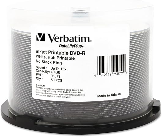 Verbatim DVD-R Blank Discs 4.7GB 16X DataLifePlus White Inkjet Printable Recordable Disc Hub Printable - 50pk Spindle 95079