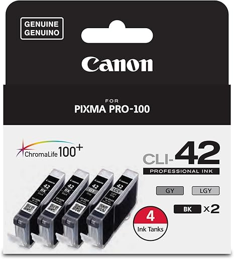 Canon CLI-42 ChromaLife Value Pack (2 Photo Black, 1 Gray & 1 Light Gray) Compatible to PIXMA PRO-100