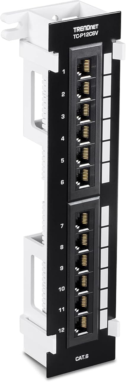 TRENDnet 12-Port Cat6 Unshielded Patch Panel,TC-P12C6V, Wall Mount,Included 89D Bracket,Vertical or Horizontal Installation, Compatible w/ Cat5e & Cat6 RJ45 Cabling, 110 IDC Type Terminal Blocks Black