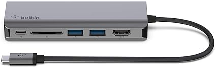 Belkin USB C Hub, 6-in-1 MultiPort Adapter Dock with 4K HDMI, USB-C 100W PD Pass-Through Charging, 2 x USB A, Gigabit Ethernet Ports and SD Slot for MacBook Pro, Air, iPad Pro, XPS and More