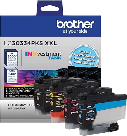 Brother Genuine LC30334PKS 4-Pack, Super High-Yield INKvestment Tank Ink Cartridges; Includes 1 Cartridge Each of Black, Cyan, Magenta & Yellow, Page Yield Up to 1,500 Pages/Cartridge, LC3033