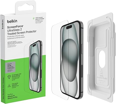 Belkin ScreenForce UltraGlass 2 Treated Screen Protector for iPhone 16, 15, & 14 Pro - Scratch-Resistant, 9H Hardness Tested Glass w/Slim Design & Easy Align Tray for Bubble-Free Application