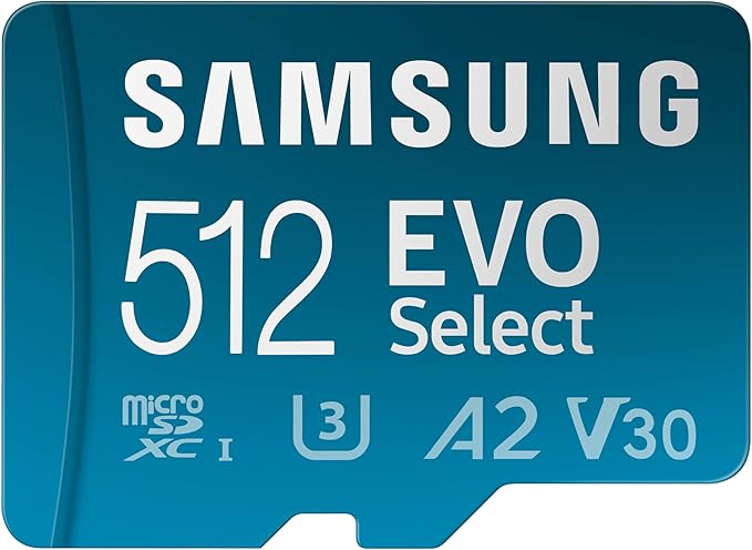 SAMSUNG EVO Select MicroSD Memory Card + Adapter, 512GB microSDXC, Speeds Up to 160 MB/s, UHS-I, C10, U3, V10, A2, Upgrade Storage for Phones, Tablets, Nintendo-Switch, MB-ME512SA/AM