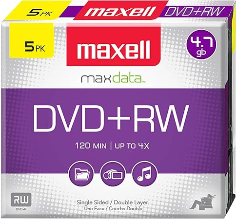 Maxell 634045 DVD-RW Blank Disc - Rewritable 4.7 Gb with Slim Jewel Case, 120min & Max Up to 4x, Superior Archival Life Digital Storage Playback & Up to 1000 Rewrite - 5 Pack