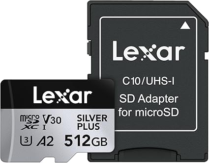 Lexar 512GB Professional Silver Plus microSDXC Memory Card w/SD Adapter, UHS-I, C10, U3, V30, Full-HD & 4K Video, Up to 205/150 MB/s Read/Write, for Videographers, Gamers (LMSSIPL512G-BNANU)