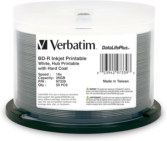 Verbatim BD-R 25GB 16X Blu-ray Recordable Media Disc DataLifePlus White Inkjet Hub Printable - 50pk Spindle - 97339