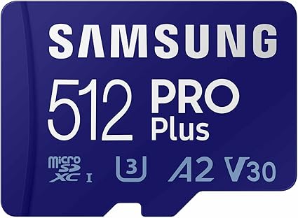 SAMSUNG PRO Plus microSD Memory Card + Adapter, 512GB microSDXC, Up to 180 MB/s, Full HD & 4K UHD, UHS I, C10, U3, V30, A2, for Android Smartphones, Tablets, GoPRO, and DJI Drone (MB MD512SA/AM)