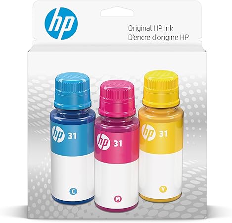 HP 31 Cyan, Magenta, Yellow Ink Bottles (3-Pack) | Works Smart Tank 5000, 6000, 7000 Series Smart Tank Plus 500, 600 Series | 9C228AN