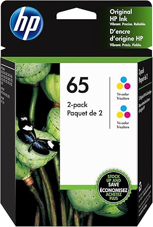 HP 65 | 2 Ink Cartridges | Tri-color | Works with HP DeskJet 2600 Series, 3700 Series, HP ENVY 5000 Series, HP AMP 100, 120, 125, 130 | 6ZA56AN