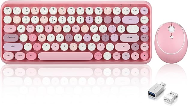 Perixx PERIDUO-713 Wireless Mini Keyboard and Mouse Combo, Retro Round Key Caps, Pastel Pink, US English Layout