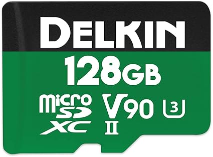 Delkin Devices 128GB Power Micro SD Card UHS-II (U3/V90) - 300MB/s Read, 250MB/s Write, 8K, 4K, 3D, HDR, 360º Recording | Micro SD Card 128GB with SD Adapter