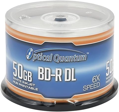 Optical Quantum 6X 50GB BD-R DL White Inkjet Printable Blu-ray Double Layer Recordable Media, 50-Disc Spindle