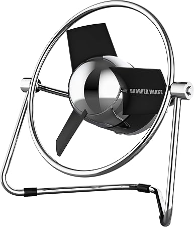 Sharper Image SBM1-SI USB Fan with Soft Blades, 2 Speeds, Touch Control, Quiet Operation, Metal Frame, 5V Wall Adapter, 6 ft. Cable, Personal, Black/Chrome