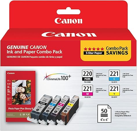 Canon PG-220/CL-221 with Photo Paper 50 Sheets Compatible to MP980, MP560, MP620, MP640, MP990, MX860, MX870, iP4600, iP3600, iP4700