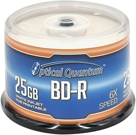 Optical Quantum 6X 25 GB BD-R White Inkjet Printable Single Layer Blu-Ray Discs, 50-Disc Spindle