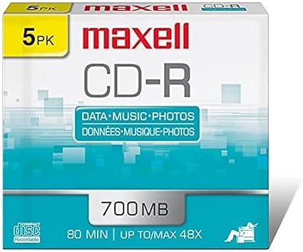 Maxell – 648205, Polycarbonate Substrate CD-R Disc - High-Quality Media for Data Storage, Music & Archiving - 700MB/80 Min Capacity with 48X Write Speed - 5 Pack with Jewel Cases