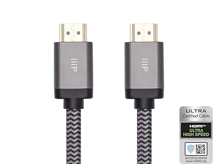 Monoprice 8K Certified Ultra High Speed HDMI Cable - Braided - HDMI 2.1, 8K@60Hz, 4K@120Hz, 48Gbps, HDR, VRR, CL2 in-Wall Rated, 25ft, Black