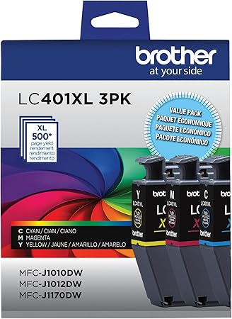 Brother Genuine LC401XL 3PK High Yield 3-Pack Color Ink Cartridges Includes 1- Cartridge Each of Cyan, Magenta and Yellow Ink.