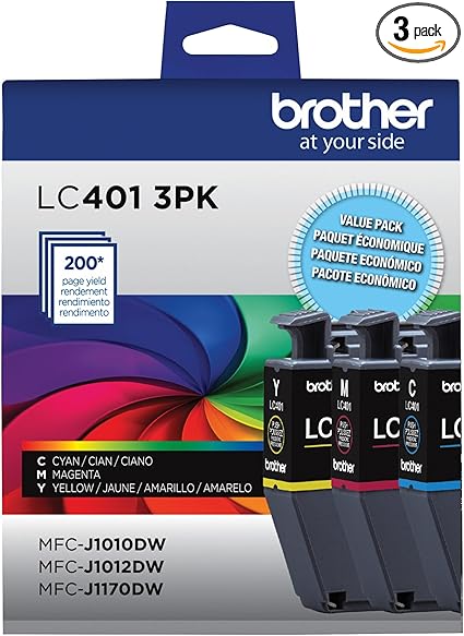 Brother Genuine LC401 3PK Standard Yield 3-Pack Ink Cartridges – Includes 1 Cartridge Each of Cyan, Magenta and Yellow