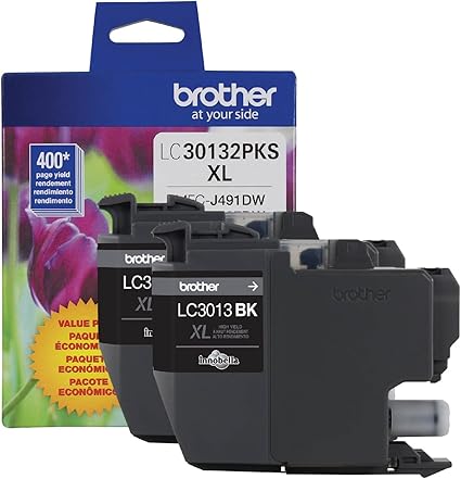 Brother Genuine LC30132PKS 2-Pack High Yield Black Ink Cartridges, Page Yield Up to 400 Pages/Cartridge, LC3013