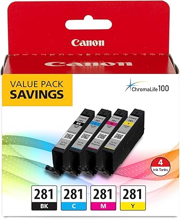 Canon CLI-281 Black, Cyan, Magenta and Yellow 4 Ink Pack, Compatible to TR8520, TR8620 Series, TS9120, and TS6210 Printers