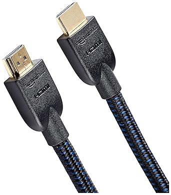 Amazon Basics High-Speed 4K Ultra HD HDMI Nylon-Braided Cable, 15 feet, 18Gbps, 60Hz, 2160p, 48-bit, Male-to-Male, Ethernet Ready, 3D, Black & Blue