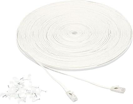 Amazon Basics Cat 6 Ethernet RJ45 10Gbps Flat Cable 100 ft Outdoor&Indoor White Solid Patch Cord with Clips for Router, Modem, PS4/5, Xbox, Gaming, Computer Network for High Speed LAN Internet