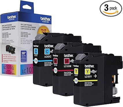 Brother Genuine Standard Yield Color Ink Cartridges, LC1013PKS, Replacement Color Ink Three Pack, Includes 1 Cartridge Each of Cyan, Magenta & Yellow, Page Yield Upto 300 Pages/Cartridge, LC101