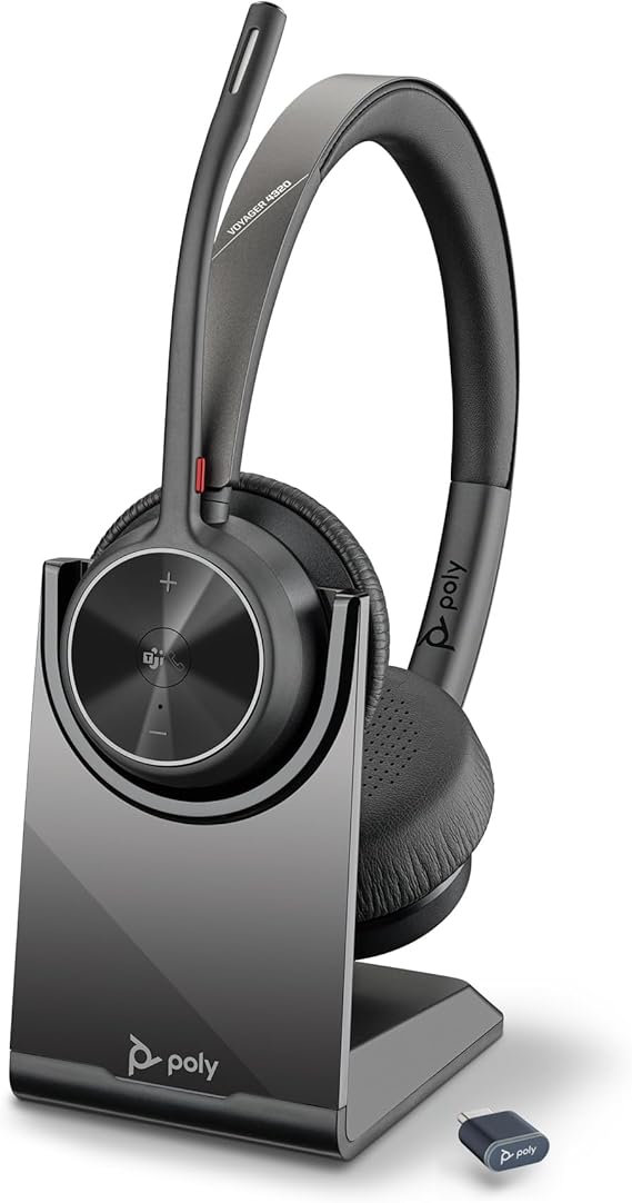 Poly Voyager 4320 UC Wireless Headset & Charge Stand (Plantronics) - Stereo Headphones w/Noise-Canceling Boom Mic - Connect PC/Mac/Mobile via Bluetooth-Works w/Teams (Certified), Zoom-Amazon Exclusive