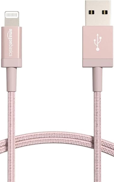 Amazon Basics USB-A to Lightning Charger Cable, Nylon Braided Cord, MFi Certified Charger for Apple iPhone 14 13 12 11 X Xs Pro, Pro Max, Plus, iPad, 6 Foot, Rose Gold