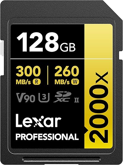 Lexar 128GB Professional 2000x SDXC Memory Card, UHS-II, C10, U3, V90, Full-HD & 8K Video, Up To 300MB/s Read, for DSLR, Cinema-Quality Video Cameras (LSD2000128G-BNNNU)