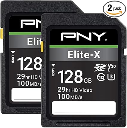 PNY 128GB Elite-X Class 10 U3 V30 SDXC Flash Memory Card 2-Pack - 100MB/s, Class 10, U3, V30, 4K UHD, Full HD, UHS-I, Full Size SD