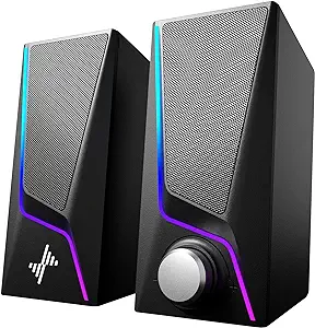 Computer Speakers, PC Speakers with 6 Lighting Modes, USB Powered Computer Speakers for Desktop Monitor with 2 Bass-Boost Ports, 2 Speaker Units, and 3.5mm Aux-in Cable for PC, Laptop, Tablet, Phone