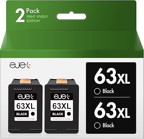 ejet Remanufactured Ink Cartridge Replacement for HP 63XL 63 XL, High Yield Work with OfficeJet 3830 4650 5255 Envy 4520 4512 4516 Deskjet 1112 3630 3634 3639 3632 2132 Printer (2 Black)