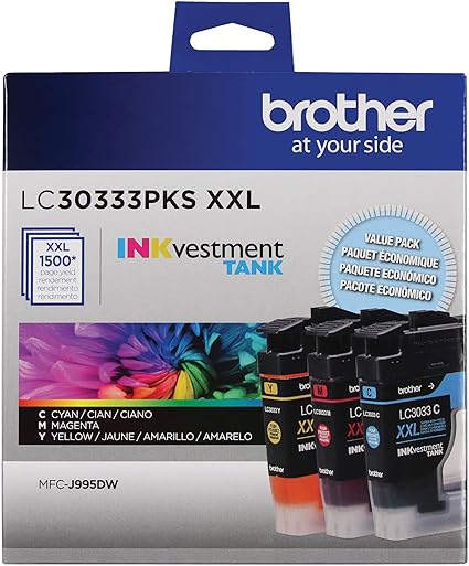 Brother Genuine LC30333PKS 3-Pack, Super High-yield Color INKvestment Tank Ink Cartridges; Includes 1 Cartridge each of Cyan, Magenta & Yellow, Page Yield Up to 1,500 Pages/Cartridge, LC3033