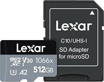 Lexar 512GB Professional 1066x micro SD Card w/ SD Adapter, UHS-I, U3, V30, A2, Full HD, 4K, Up to 160/120 MB/s, for Action Cameras, Drones, Smartphones, Tablets, Nintendo-Switch (LMS1066512G-BNANU)