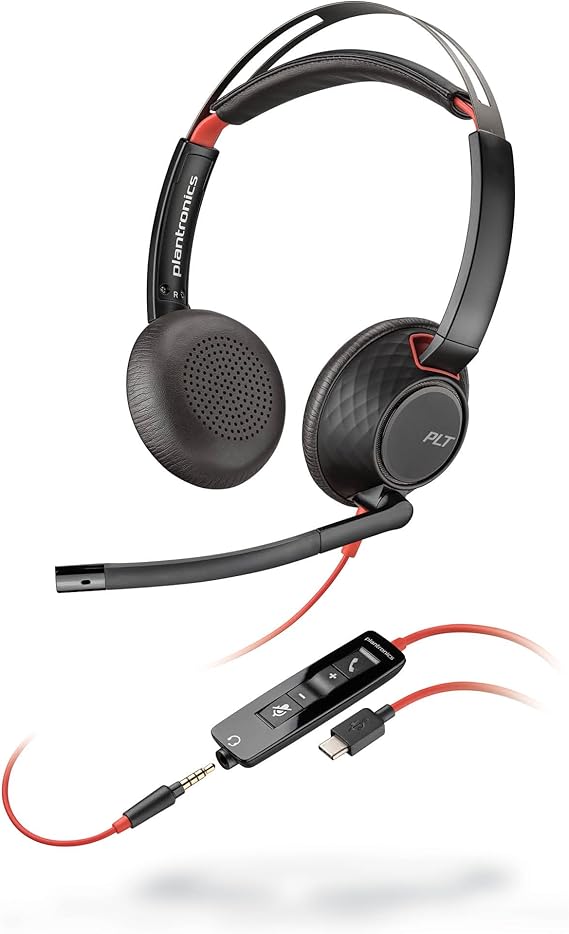 Poly Blackwire 5220 Wired Headset (Plantronics) - Flexible Noise-Canceling Boom Mic - Ergonomic Design - Connect to PC/Mac, Mobile via USB-C, USB-A, or 3.5 mm - Works w/Teams, Zoom - Amazon Exclusive