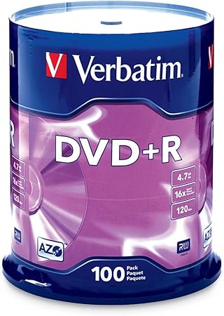 Verbatim DVD+R Blank Discs AZO Dye 4.7GB 16X Recordable Disc - 100 Discs Spindle Silver Frustration Free Packaging