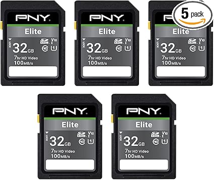 PNY 32GB Elite Class 10 U1 V10 SDHC Flash Memory Card 5-Pack - 100MB/s Read, Class 10, U1 Full HD, UHS-I, Full Size SD