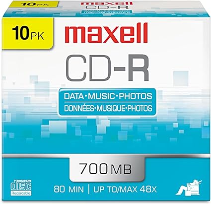 Maxell 648210 CD-R Discs, 700MB/80min, 48x, w/Slim Jewel Cases, Silver, 10/Pack