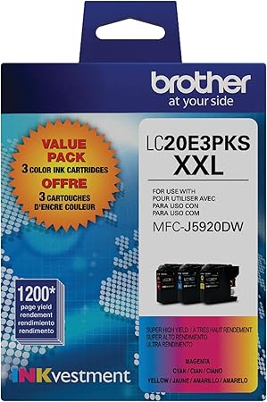 Brother Genuine High Yield Color Ink Cartridge, 3 Pack of LC20E, Replacement Color Ink Three Pack, Includes 1 Cartridge Each of Cyan, Magenta & Yellow, Page Yield Up to 1200 Pages/Cartridge, LC20E