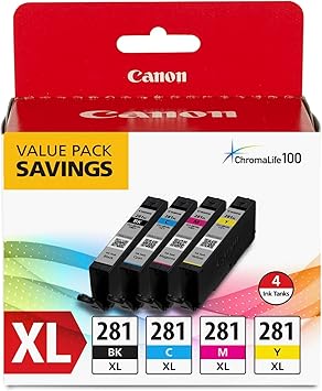 Canon CLI-281 XL Black, Cyan, Magenta and Yellow 4 Ink Pack Compatible to printer TR8520, TR7520, TS9120 Series,TS8120 Series, TS6120 Series, TS9521C, TS9520, TS8220 Series, TS6220 Series