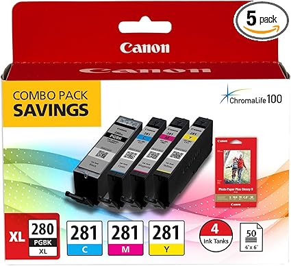 Canon PGI-280XL PGBK/CLI-281CMY, 50 Sheets PP-301 Combo Pack Compatible to TR8520, TR7520, TS9120 Series,TS8120 Series, TS6120 Series, TS9521C, TS9520, TS8220 Series, TS6220 Series